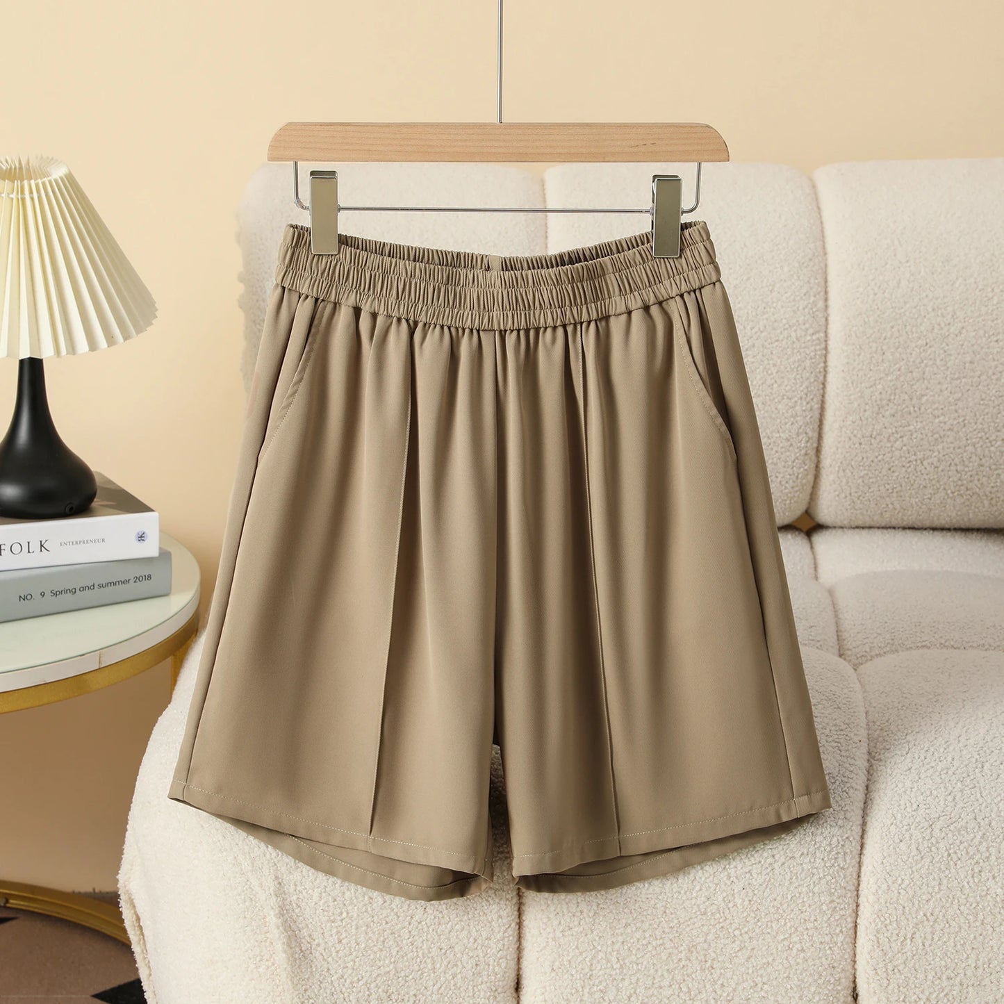 Plus Size Shorts Women High Elastic Waist Wide Leg Loose Pants With Pockets Summer 2025 New Korean Fashion Half Shorts Women Khaki