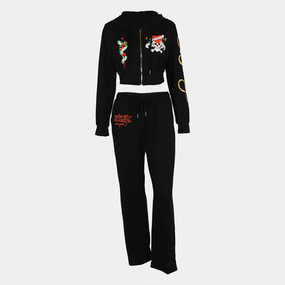 Bangniweigou Skull Love Print Zipper Short Cardigan + High Waist Straight Leg Pants Two Piece Set Women Tracksuit Autumn Winter