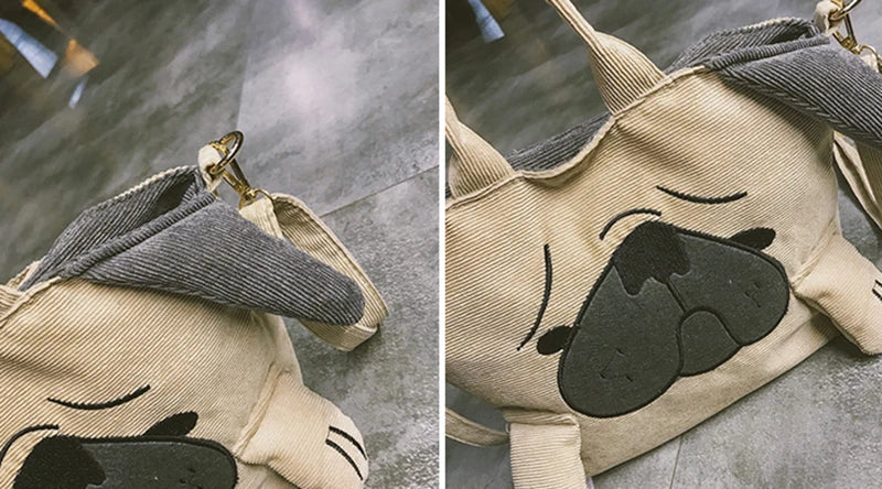 Cute Animal Handbags For Women Casual Travel Large Capacity Totes Shoulder Bags Pug Dog Corduroy Messenger Bag Feminine Bolsas