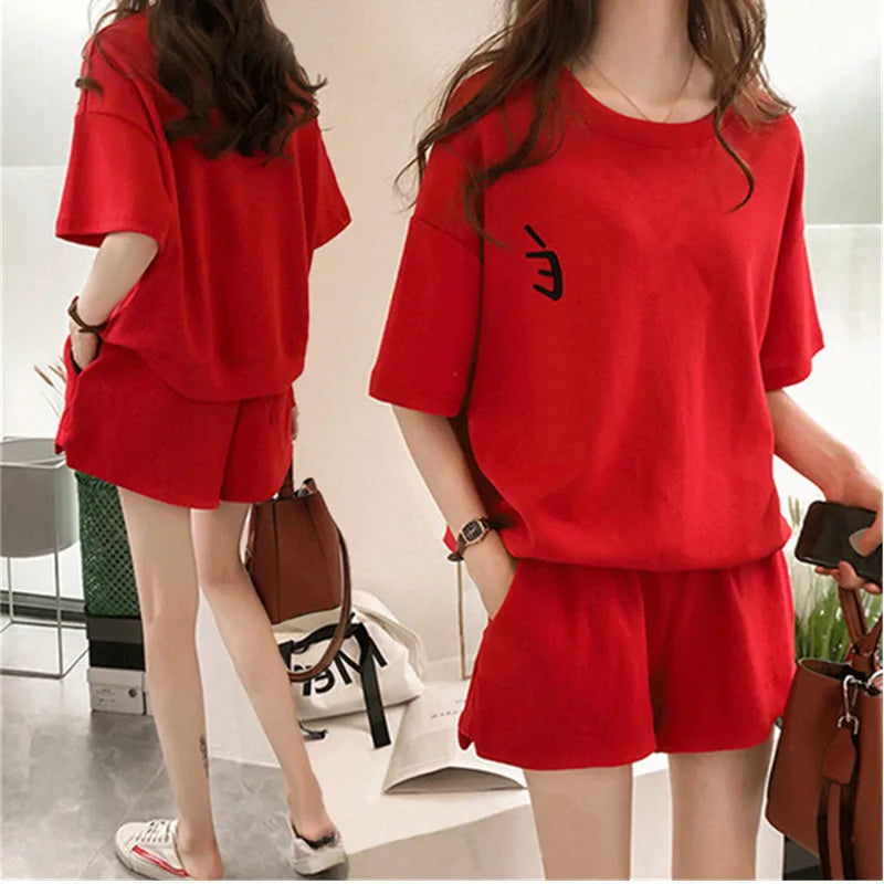 Red Two piece Cotton Women's Sportswear Set 2025 Summer New Round neck Short sleeved Top+Shorts Women Loose Casual Clothing