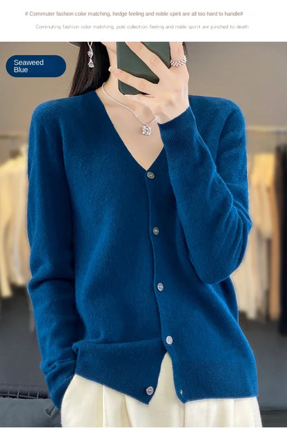 100 Merino Wool Knitted V-neck Sweater Women's Top Loose Korean Version Fashionable Versatile Autumn And Winter Cashmere Sweater