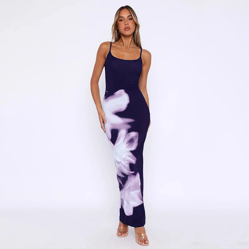 Summer Women's Dresses New Fashion Print Sleeveless Backless Bodycon Sexy Maxi Dresses Casual Streetwear Club Elegant Lady Dress