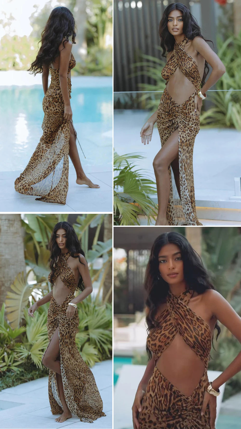 RLMABABY Leopard Hollow Out Backless Sexy Bodycon Dress Women Backless Thigh High Split Holiday Beach Party Long Maxi Dress