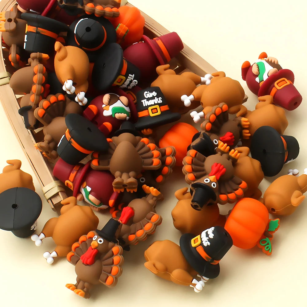 5/10/20pcs Thanksgiving Silicone Beads 3D Pumpkin Turkey Focal Beads for Jewelry Lanyards Keychain Bracelet Making Pen Decor