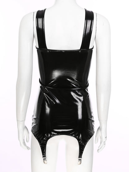 Sexy Women Wetlook Leather Tank Bodycon Dress Latex Sleeveless Mini Dresses Clubwear with Metal Clips Party Club Clothes Femme