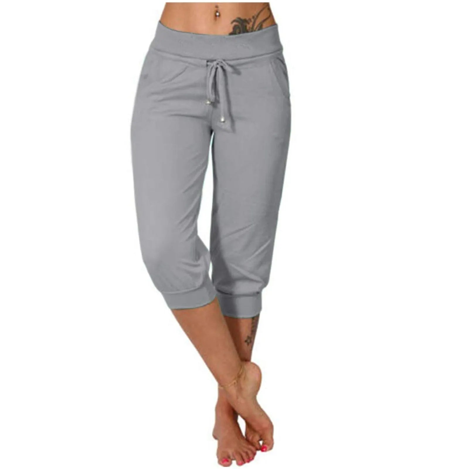 Classic Solid Color Jogging Pants Women Cotton Linen Capris Trousers Bandage Double Pocket Pants Summer Beach Vacation Wear
