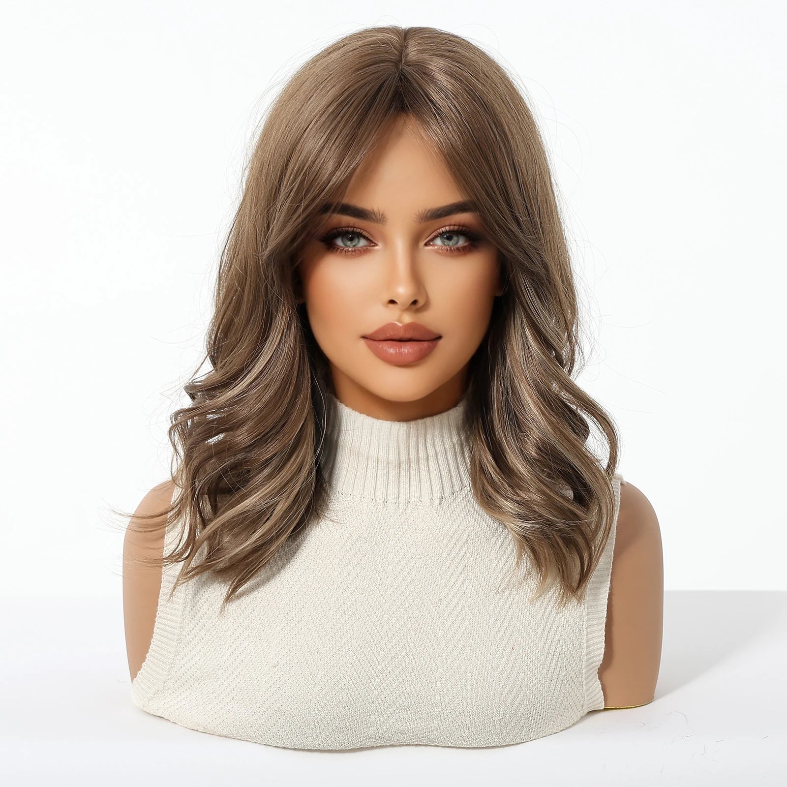 Honey Brown Synthetic Wig Short Wavy Wigs with Medium Part Bangs Cosplay Daily Lolita Curly Hair Wigs for Women Heat Resistant Badiee Stylez