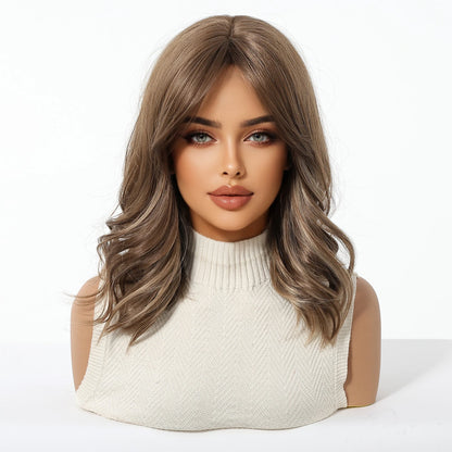 Honey Brown Synthetic Wig Short Wavy Wigs with Medium Part Bangs Cosplay Daily Lolita Curly Hair Wigs for Women Heat Resistant Badiee Stylez