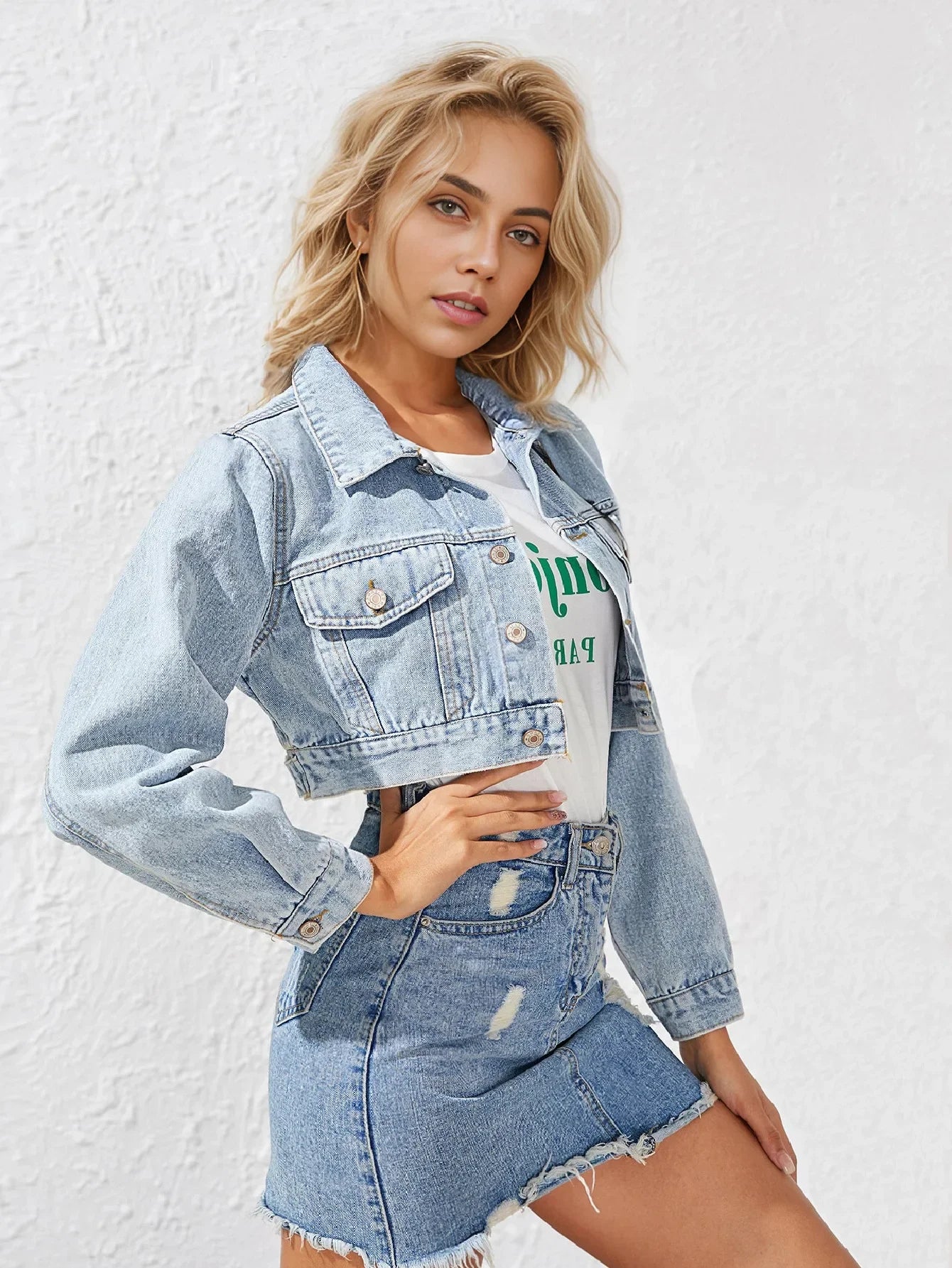 Women's Spring Denim Top with Stylish Lapel and Long Sleeves in Solid Color Individuality High-waisted, Cropped Denim Jacket