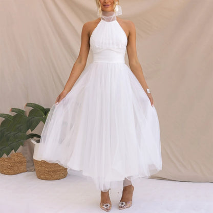 Sexy Halter Holiday Party Dress Women Off Shoulder Mesh Backless Pleated Dress White Vestidos Formal Wedding Gown Long Dress White