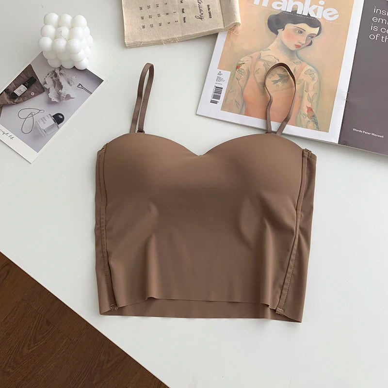 ITOOLIN Fashion Backless Tank Tops Cute Crop Tops For Women Slim Elastic Camisole Ice Silk Women Spaghetti Camis With Bra Pad CAMEL One Size