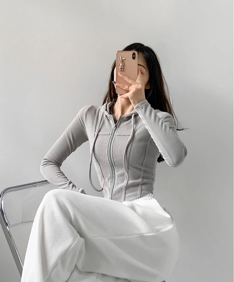 Thin Hooded Cardigan Women Korean Vintage Slim Summer Solid Sports Jacket Vertical Pit Stripe Zipper Female Sexy Cropped Tops