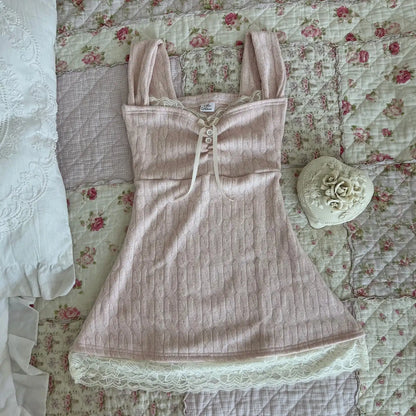 Polka dot Vintage Pink Hot Cute Dress Aesthetic Slim Y2K Short Sleeve Sundress Women Sweet Clothing Fashion Harajuku Lace Frock Pink 5