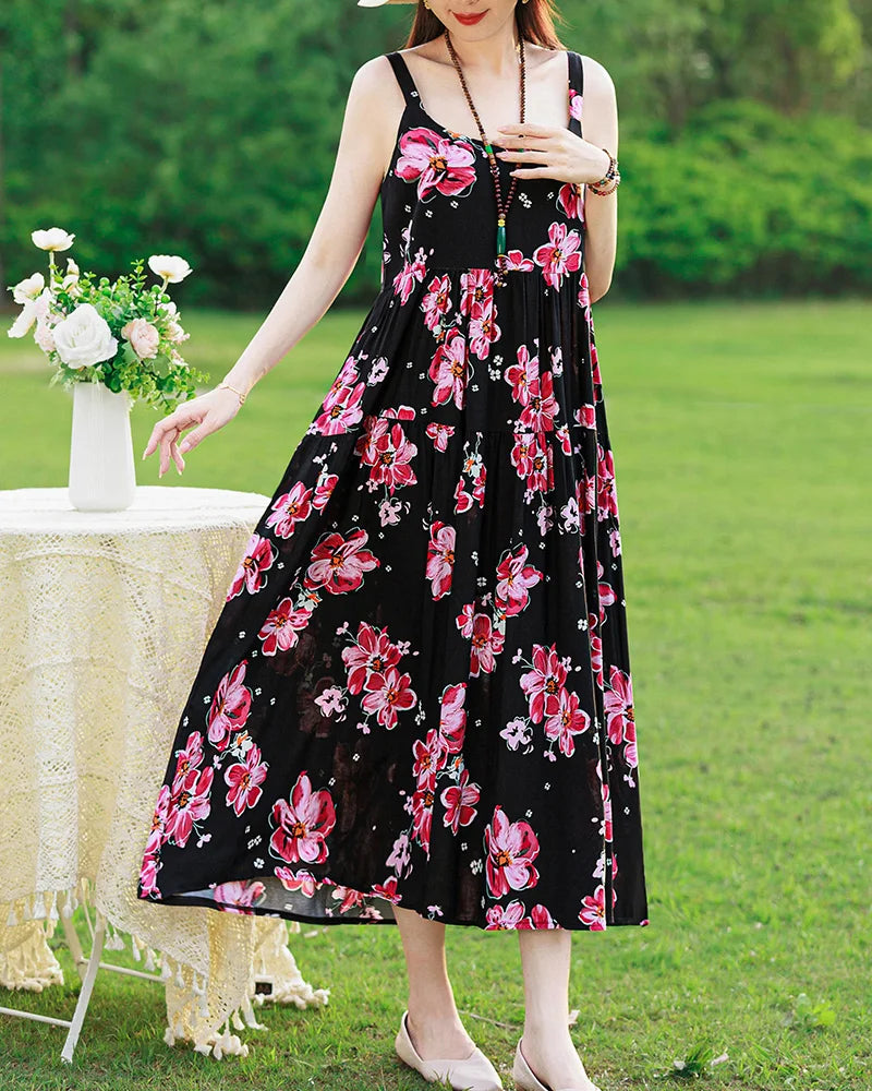 New Fashion Casual 2025 Summer Elegant Dresses For Women O-Neck Print Vintage Sleeveless Dress Loose Women Clothing color 9