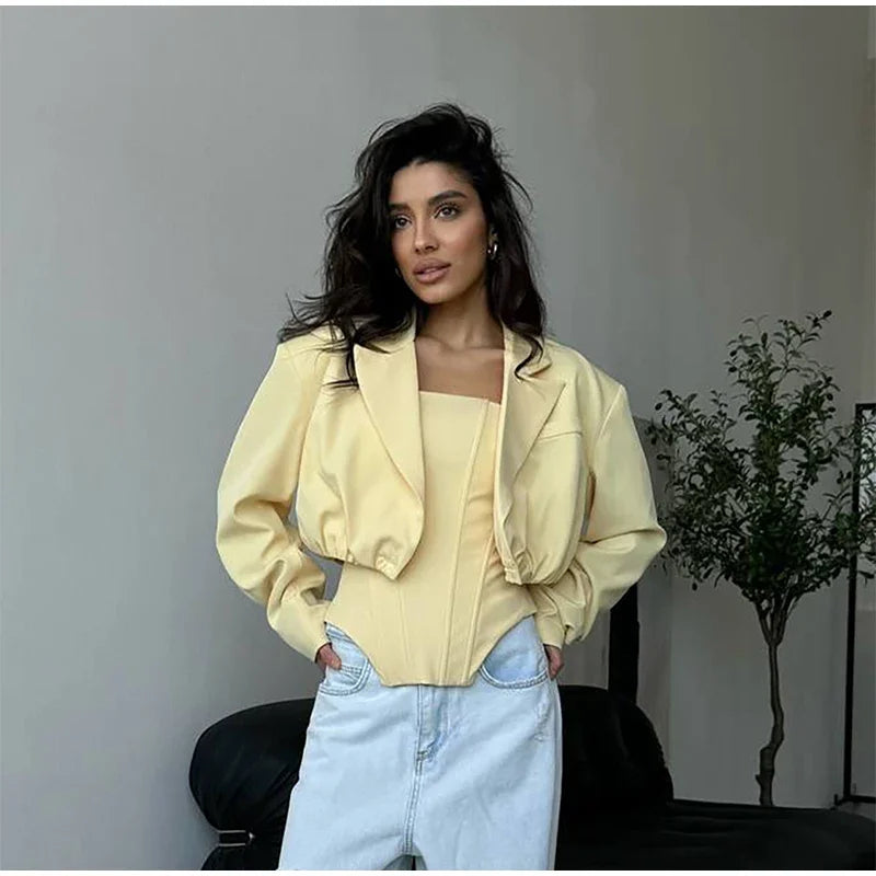 Two Piece Set Fishbone Strapless Vest Top Suit Short Jacket Solid Color Slim Fit Fashion Women Tank Blouse Waist Cinched Coat