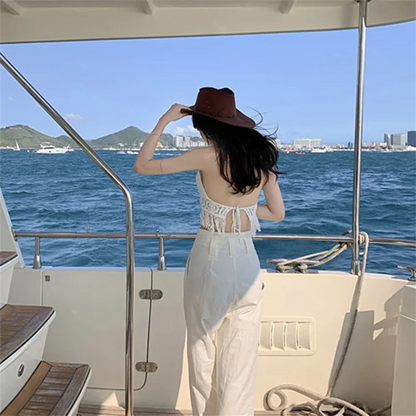 Sexy Boho Beach Holiday Camisole Halter Women Crochet Knit Swimsuit Bra Backless Vest Hollow Tassel Tank Top Women's Crop Tops