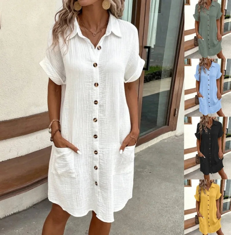 Women's Fashion Summer Minimalist V-neck Button Up Dress Woman Cotton Linen White Short Sleeved Pocket Casual Loose Shirt Dress Badiee Stylez