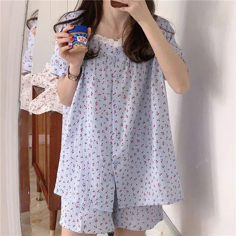 Cherry Sleepwear Pajamas Women Summer Short Sleeve Shorts Sweet Small Lace Japan Fashion Ins Student Korean Homewear Set blue