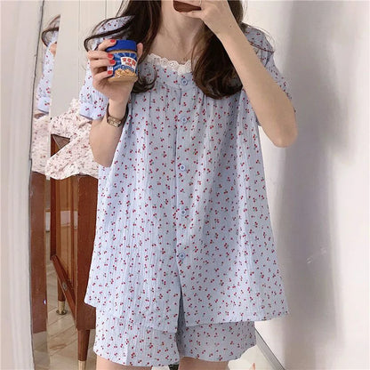 Cherry Sleepwear Pajamas Women Summer Short Sleeve Shorts Sweet Small Lace Japan Fashion Ins Student Korean Homewear Set blue