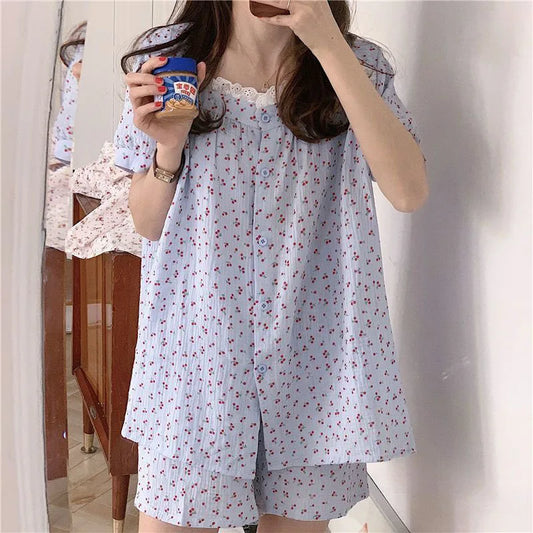 Cherry Sleepwear Pajamas Women Summer Short Sleeve Shorts Sweet Small Lace Japan Fashion Ins Student Korean Homewear Set blue
