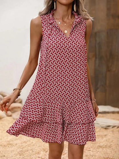 2025 Elegant Women's Casual Loose Ruffle Mini Dress Summer Bohemian Printed V-neck Lace-up Small Flying Sleeve Dresses For Women