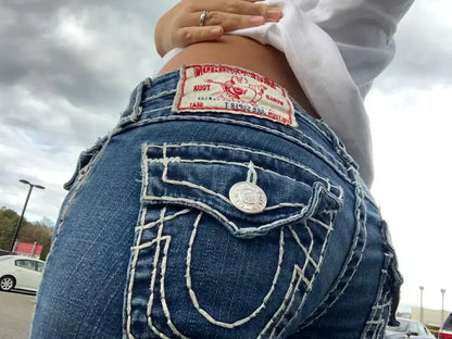 Buddha Statue Pocket Embroidery Low Waist Jeans Hip-hop Punk Street Fashion Washed Casual Jeans Women's Clothing