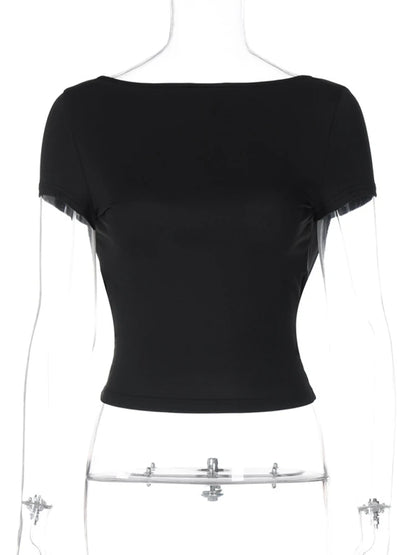 O Neck Short Sleeve Backless Ruched Crop Top Women'S Tshirt Y2K Streetwear Summer Spring Dropshipping Casual Clothing