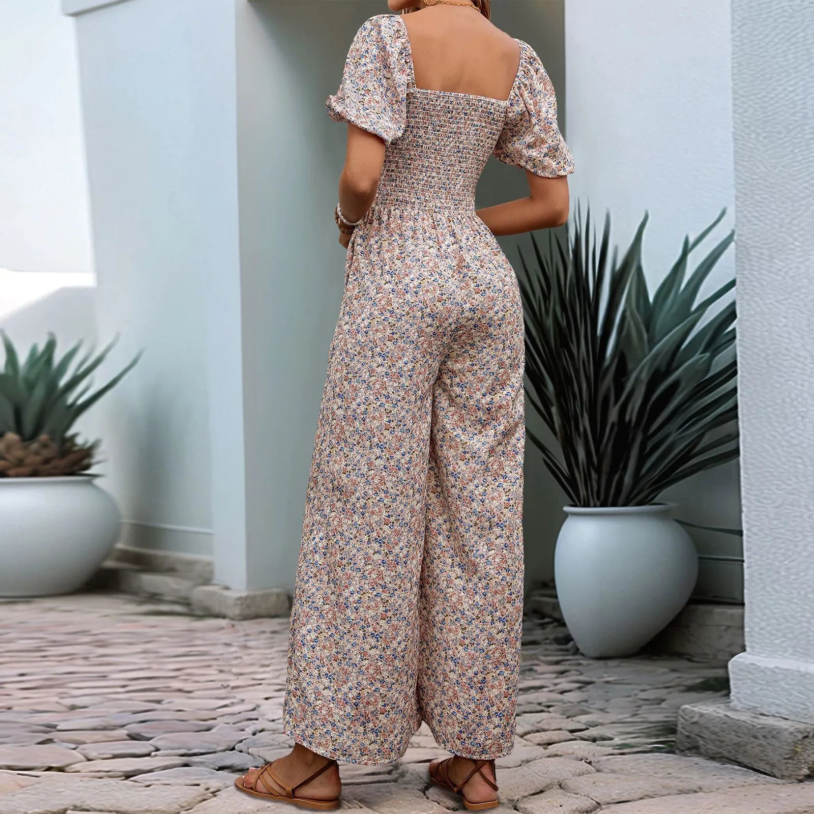 Bohemian Vacation Holiday Jumpsuit Women Pleated Wide Leg Rompers Chiffon Print Ethnic Playsuit Summer Casual Jumpsuits Badiee Stylez