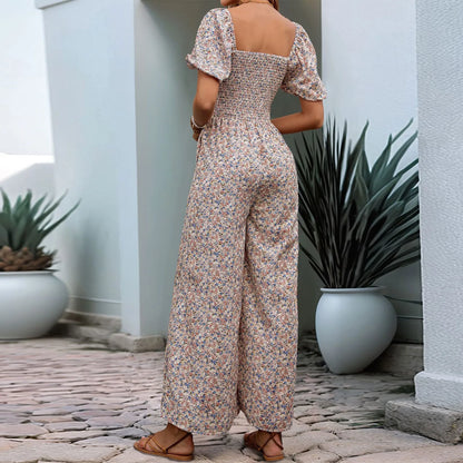 Bohemian Vacation Holiday Jumpsuit Women Pleated Wide Leg Rompers Chiffon Print Ethnic Playsuit Summer Casual Jumpsuits Badiee Stylez