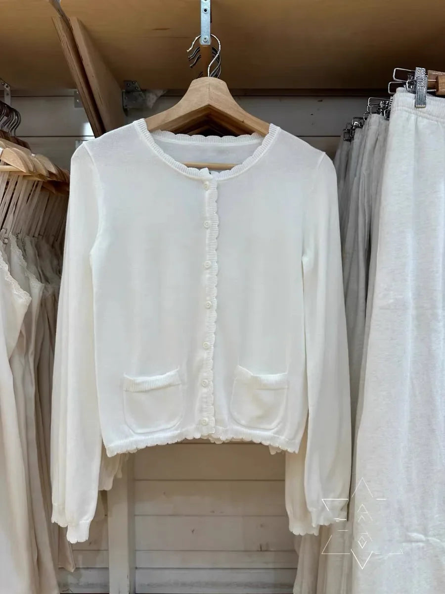Pockets Gray Knitted Sweater Cardigan Woman Round Neck Long Sleeve Cotton Sweaters Autumn Sweet Preppy Style Knitwear Y2k Top White One Size