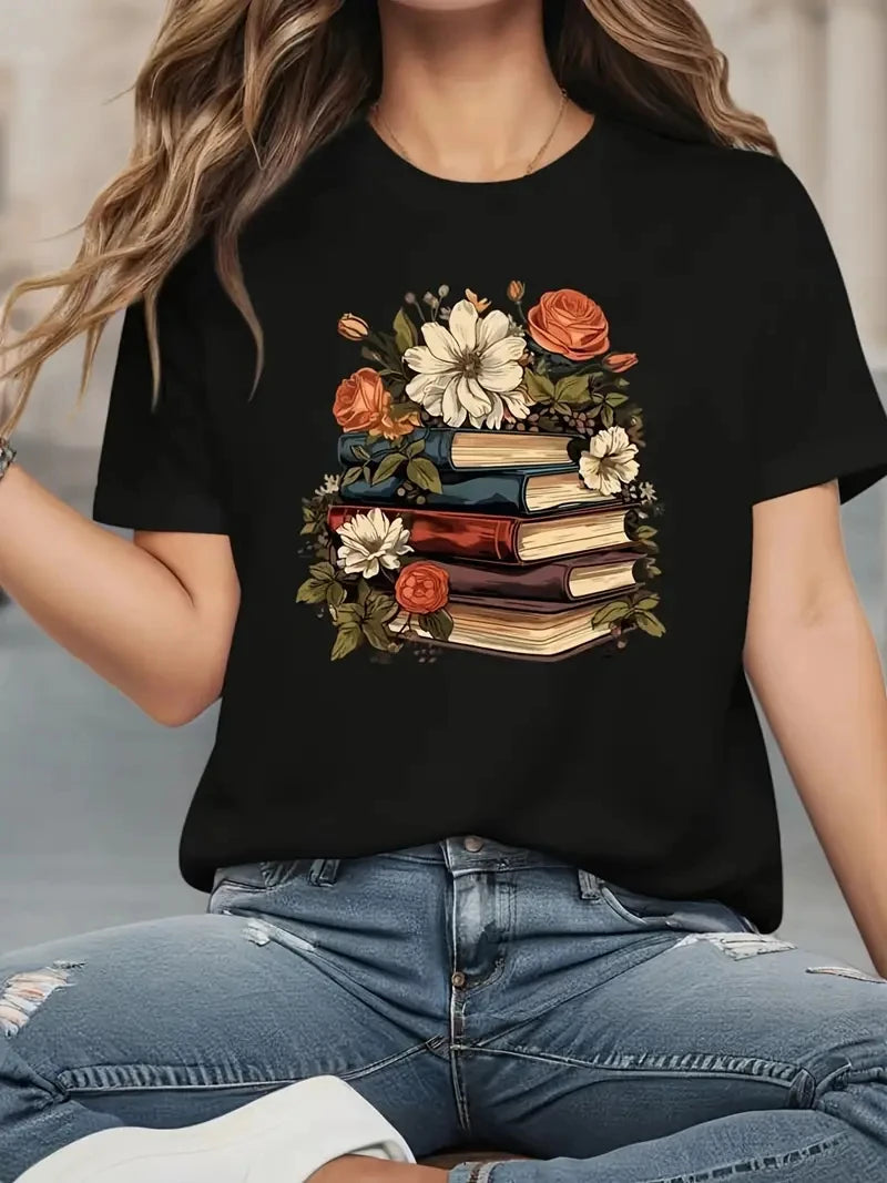 Floral & Book Graphic T Shirts Plus Size Tops Women T-shirt Round Neck Short Sleeve Trendy Tee Shirt Streetwear black