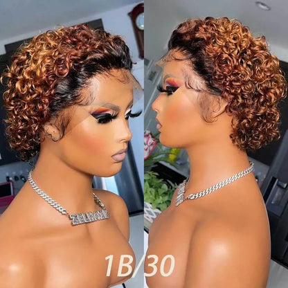 99J Burgundy Highlight Honey Colored Short Curly Pixie Cut Lace Wig Pre plucked Bob Wig 13x2 Lace Front Curly Human Hair Wigs 1B 30 6inches Lace Hairline