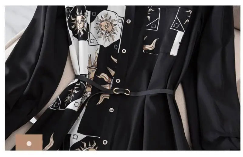 Print Vintage A-Line With Belt Loose Polo Neck Women's Dress Single-Breasted Knee Length Dresses For Women Clothing 2024 Fashion