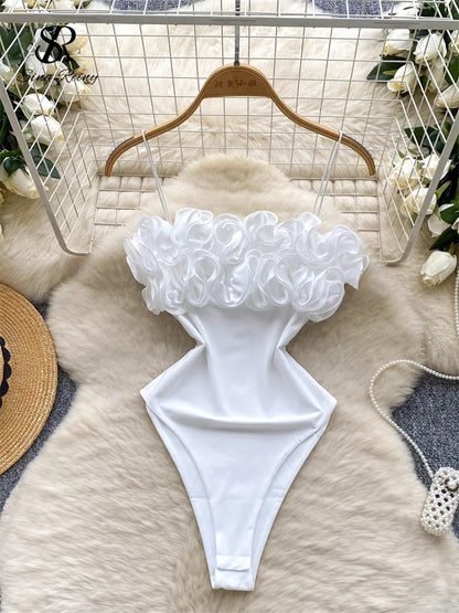 SINGREINY Summer Streetwear Sheath Open crotch Bodysuits Sleeveless Backless Short Rompers Women Solid 3D Flowers Sexy Playsuits white One Size