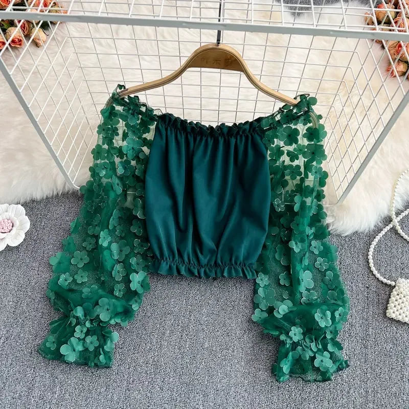 Off Shoulder Sexy Lace Blouses Women 2025 Spring Summer Korean Fashion Long Sleeve Tops Slim Flower Transparent Chiffon Shirts green