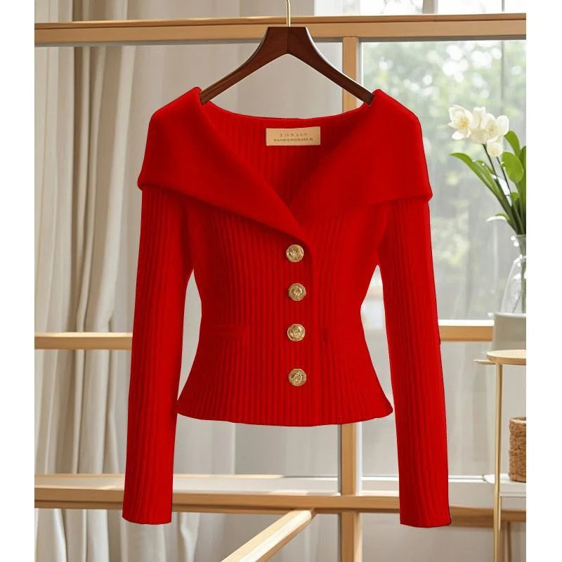 2025 New Women Cardigan Sweater High Quality High-end chic Long Sleeve Knitwear Autumn Winter Female Clothes Sweater Jacket Red CHINA