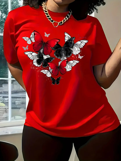 Women's Red Butterfly Heart Print T-Shirt Short Sleeve Round Neck Casual Top for Spring Summer & All-Season Wear Badiee Stylez