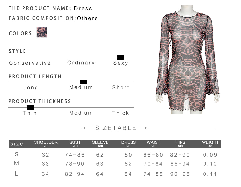 Women Summer Dress Leopard Print Backless See-Through Dress Party Night Clubwear Sexy Flared Sleeves Lace Up Bodycon Mini Dress