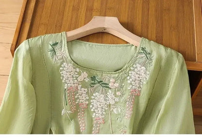 Thin Streetwear Vintage Clothes Ethnic Style Cotton Linen Shirts for Women Clothing Top Tshirt Tees Fashion Casual Embroidery