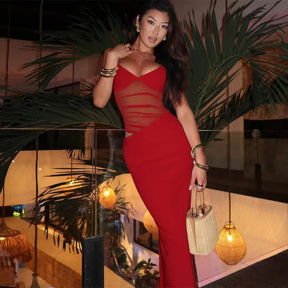 Mesh Thin Shoulder Strap Women's Plus Size Dress Sexy High Street Low Collar Patch Long Robe Women's Party Vest red