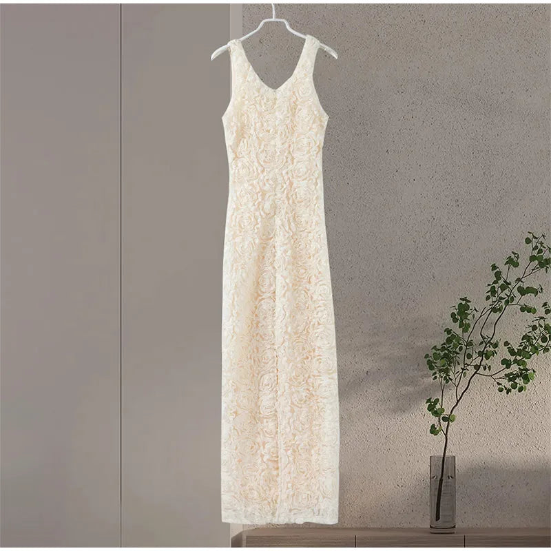 Sexy 3D Flower Deep V-neck Dress Women Slim Sleeveless Backless Split Hip Package Midi Dresses 2025 Spring Ladies New Vestidos