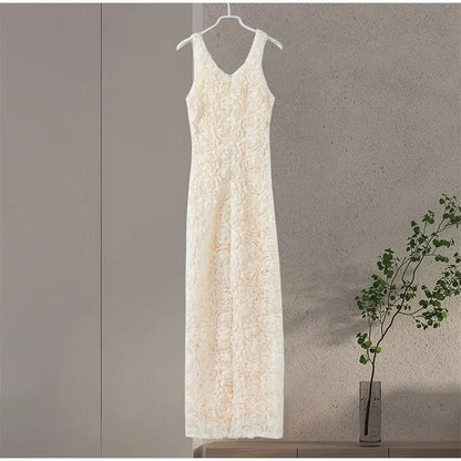 Sexy 3D Flower Deep V-neck Dress Women Slim Sleeveless Backless Split Hip Package Midi Dresses 2025 Spring Ladies New Vestidos