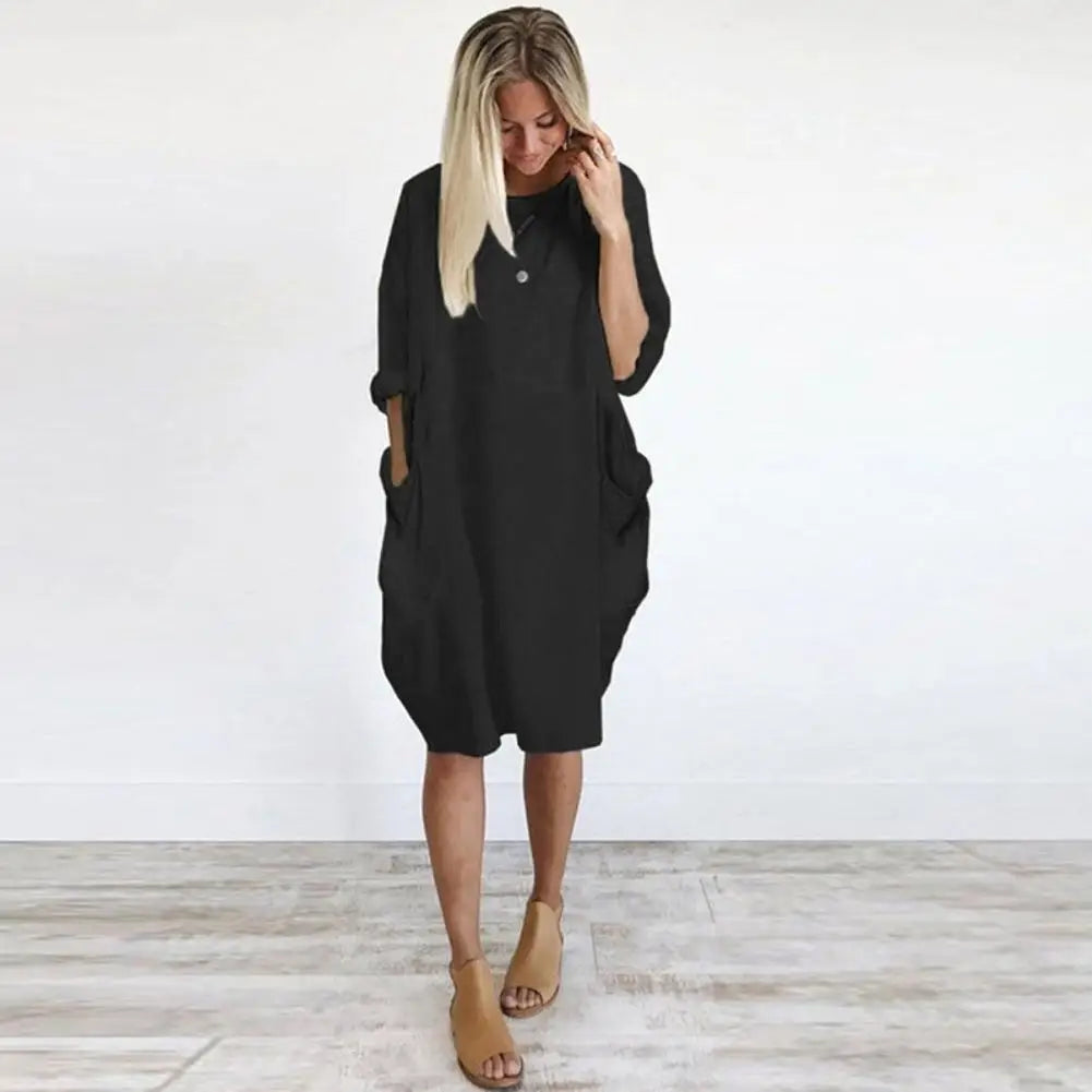 Women Casual Loose Dress with Pocket Fashion Ladies Solid Dress Women's O Neck Long Tops T Shirt Dress Streetwear Plus Size