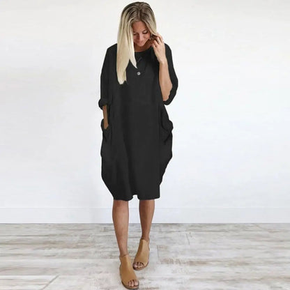 Women Casual Loose Dress with Pocket Fashion Ladies Solid Dress Women's O Neck Long Tops T Shirt Dress Streetwear Plus Size
