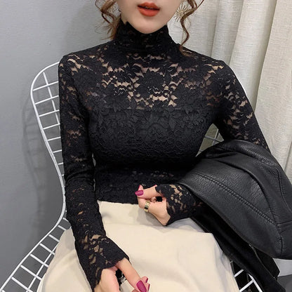 Autumn Women Thin Black Lace T shirt Sexy Turtleneck Long Sleeve Slim Lace Crochet Patchwork Tee Tops WDC6074 black