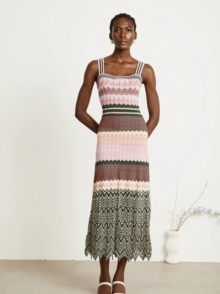 Luxury Brand Design Knitted Zigzag High Elasticity Color Sleeveless Long Maxi Dress Women Arab Africa Popular Boho Lady Skirt Badiee Stylez