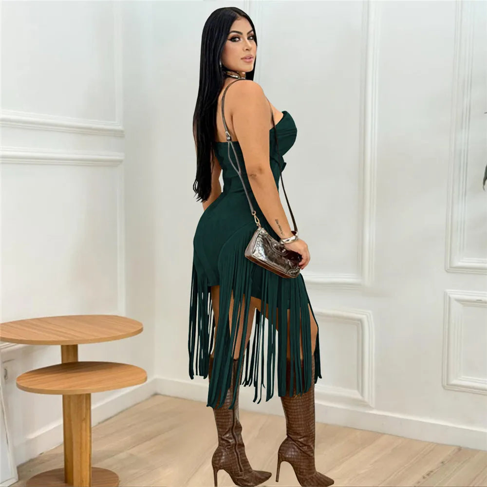 RLMABABY Sexy Strapless Tassel Bodycon Mini Dress Women Gown Slim Backless Sleeveless Metal Buckle Club Party Sheath Short Dress