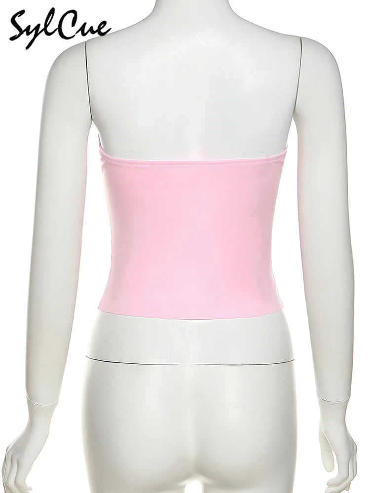 Sylcue Pink Sweet Cool Sexy Tight All-Match Femininity Charm Gorgeous Outer Wear Women'S Street Personality Drawstring Vest