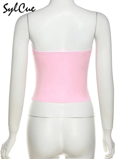 Sylcue Pink Sweet Cool Sexy Tight All-Match Femininity Charm Gorgeous Outer Wear Women'S Street Personality Drawstring Vest