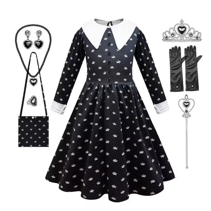 Black Dress Girls TV Series Role Playing Halloween Costume Toddler Adams Weirdo Family Cosplay Apparel Badiee Stylez
